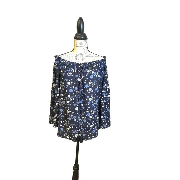 Michael Kors Tops - Michael Kors Navy Blue Floral Off Shoulder Long Sleeve Tasseled Tunic Blouse M